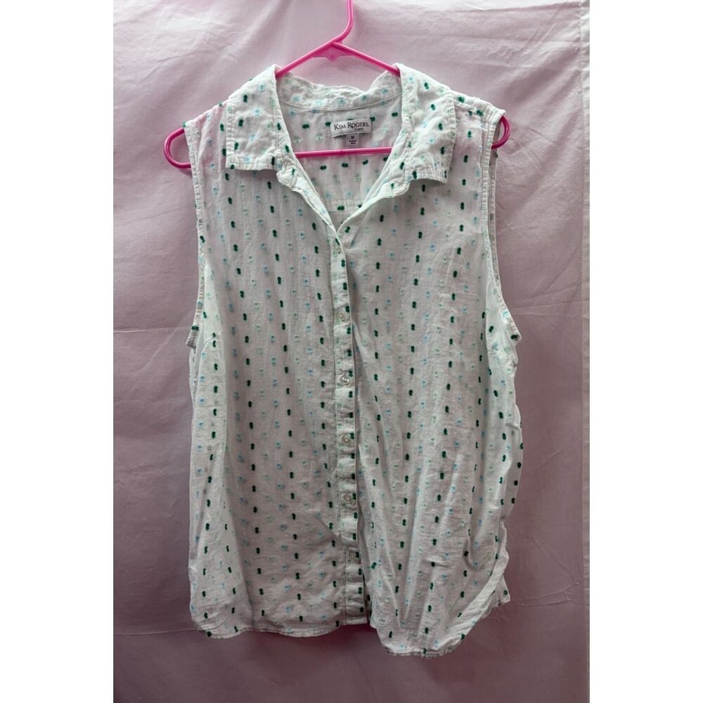 Kim Rogers Curvy Size 1X White 100% Cotton Button Down Embroidered Shirt